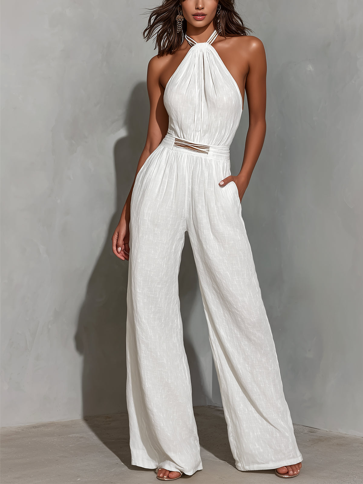 White Halter-Neck Sleeveless Jumpsuit