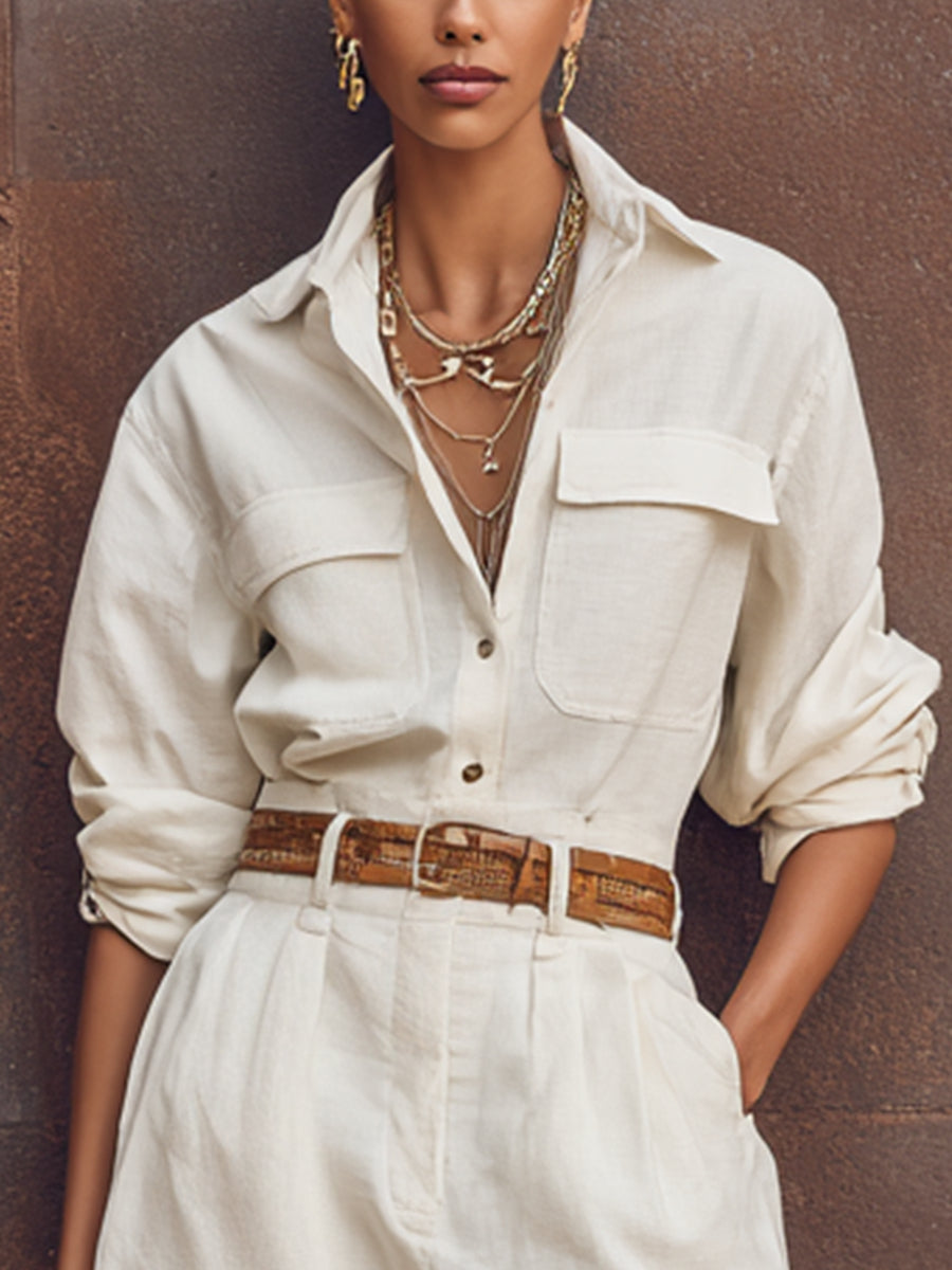 White Single-Breasted Long-Sleeve Cropped Jumpsuit (Belt Included)