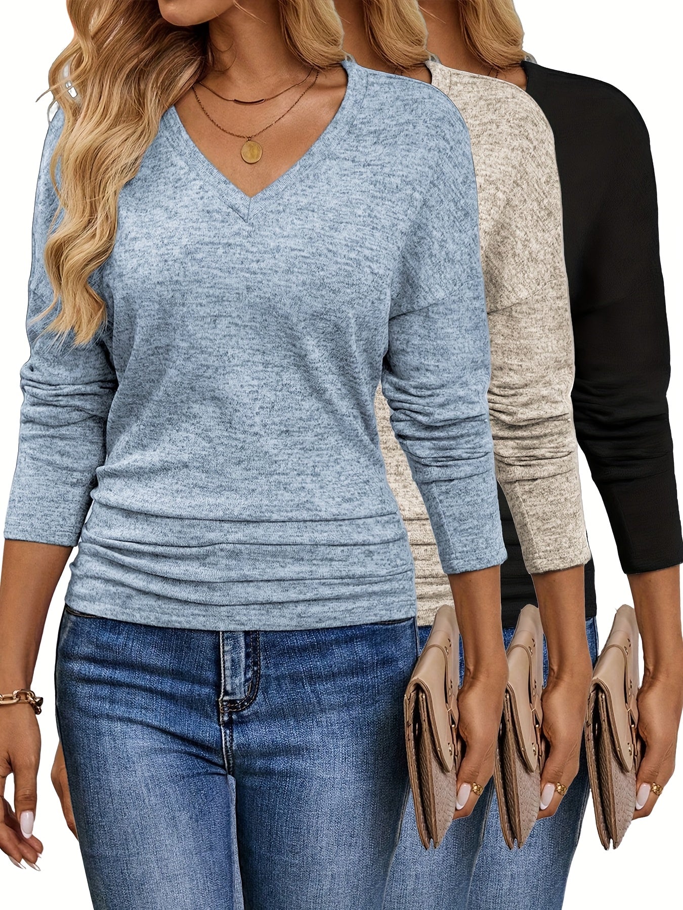 Mauraβ’ | Soft and Stretchy V-Neck T-Shirt | 3-Pack Colors