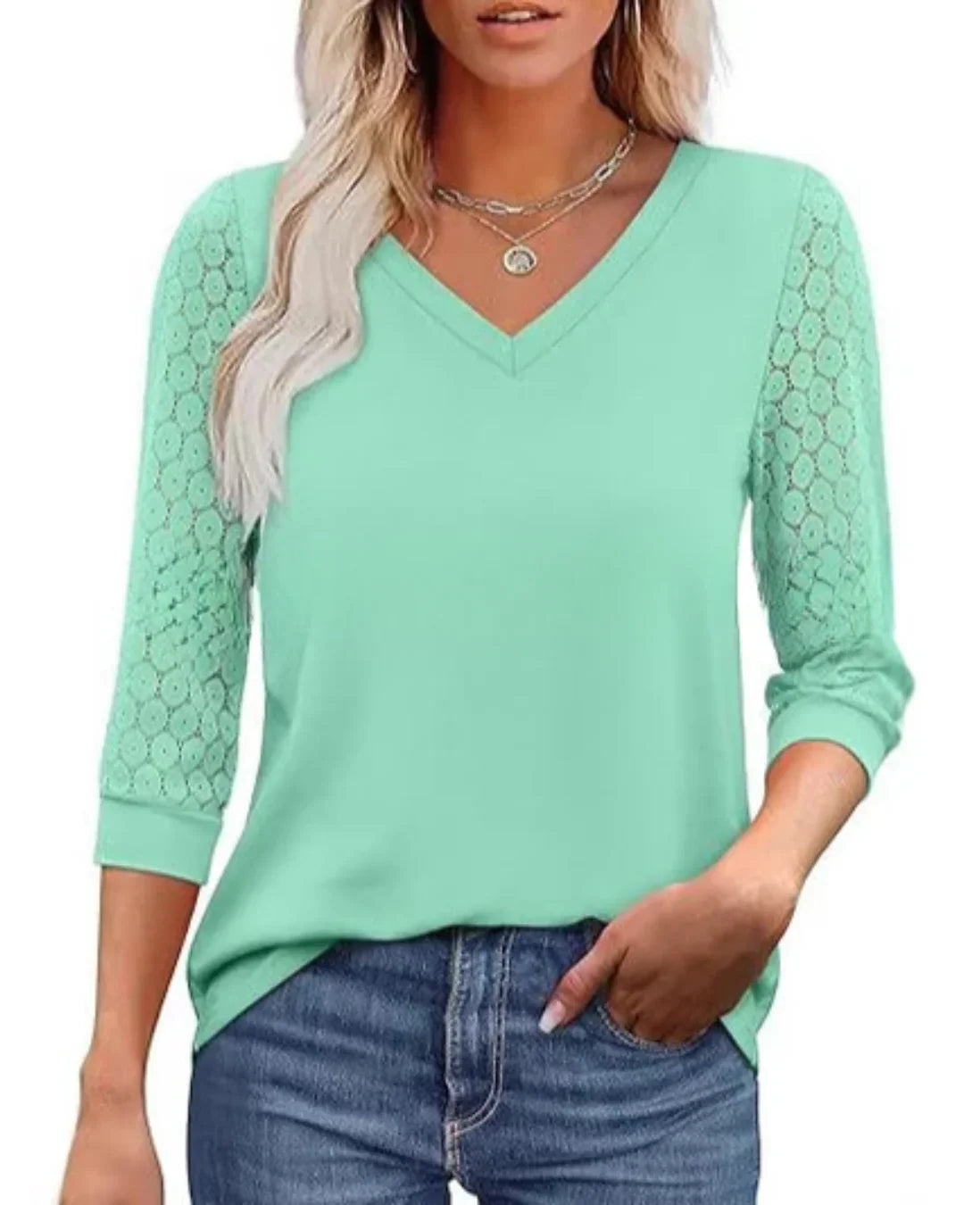 Lace-Sleeve Casual V-Neck Blouse