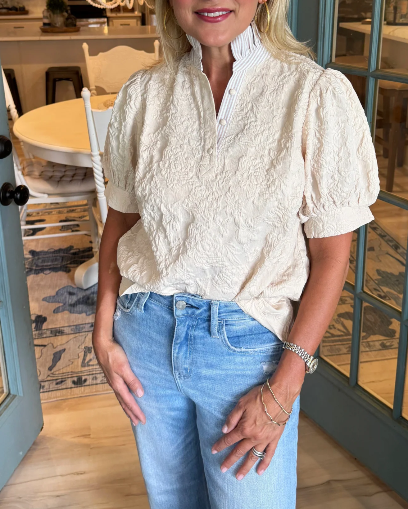 Floral Textured Puff-Sleeve Henley Blouse