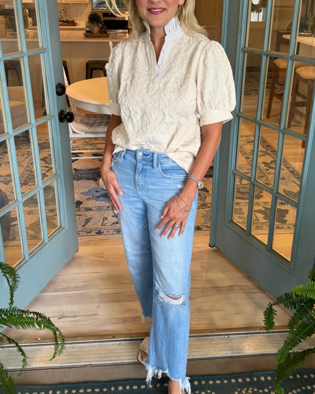 Floral Textured Puff-Sleeve Henley Blouse