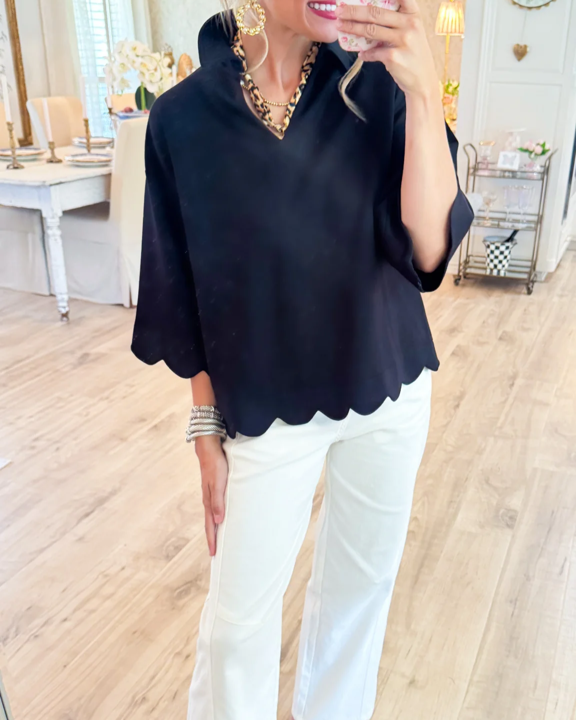 Scalloped-Hem V-Neck Short-Sleeve Blouse