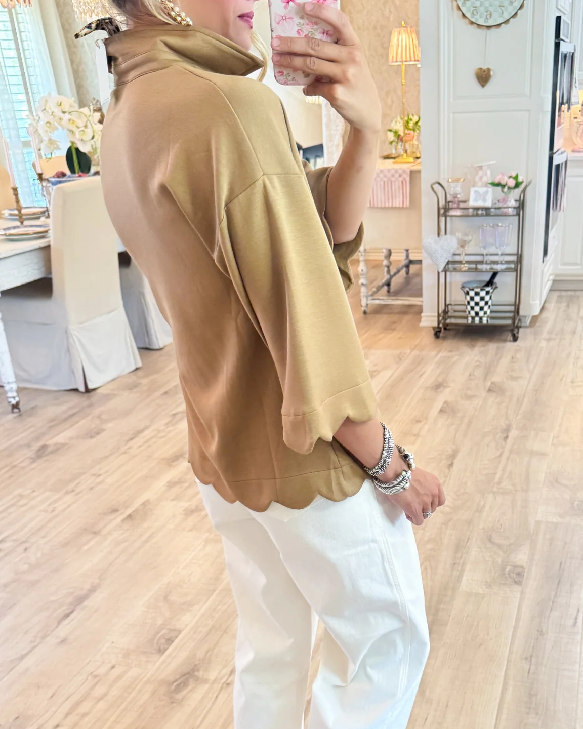 Scalloped-Hem V-Neck Short-Sleeve Blouse