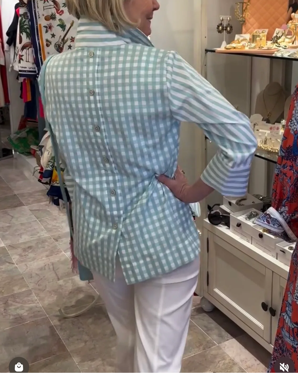 Gingham Back-Button Mixed-Pattern Blouse