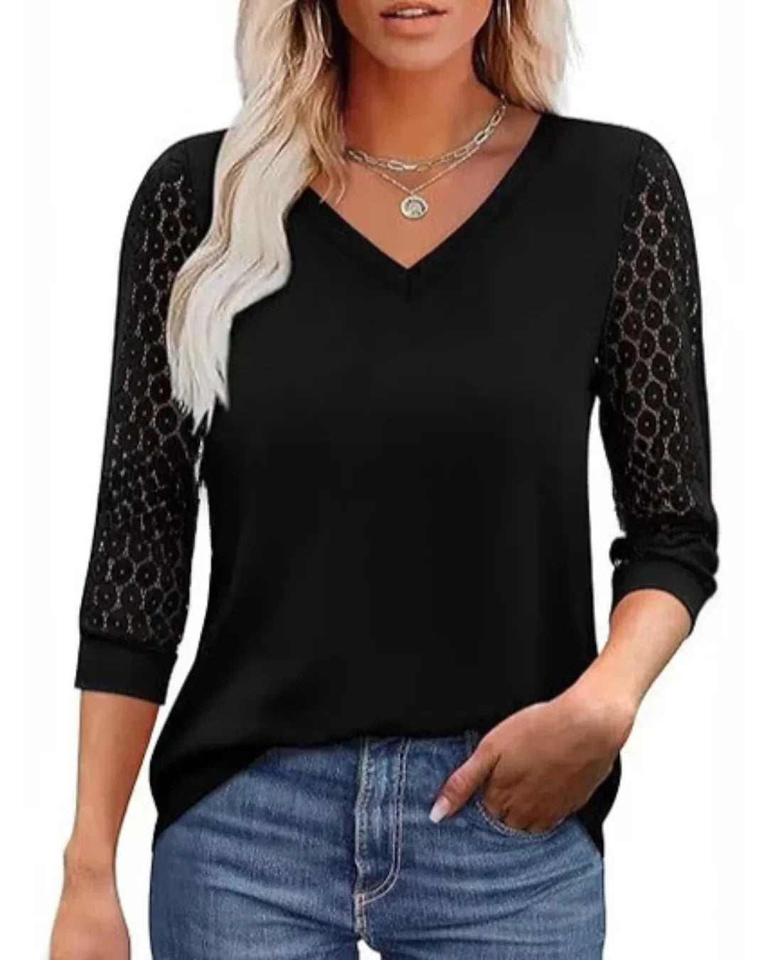 Lace-Sleeve Casual V-Neck Blouse