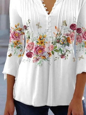 Floral Pintuck Bell Sleeve Blouse