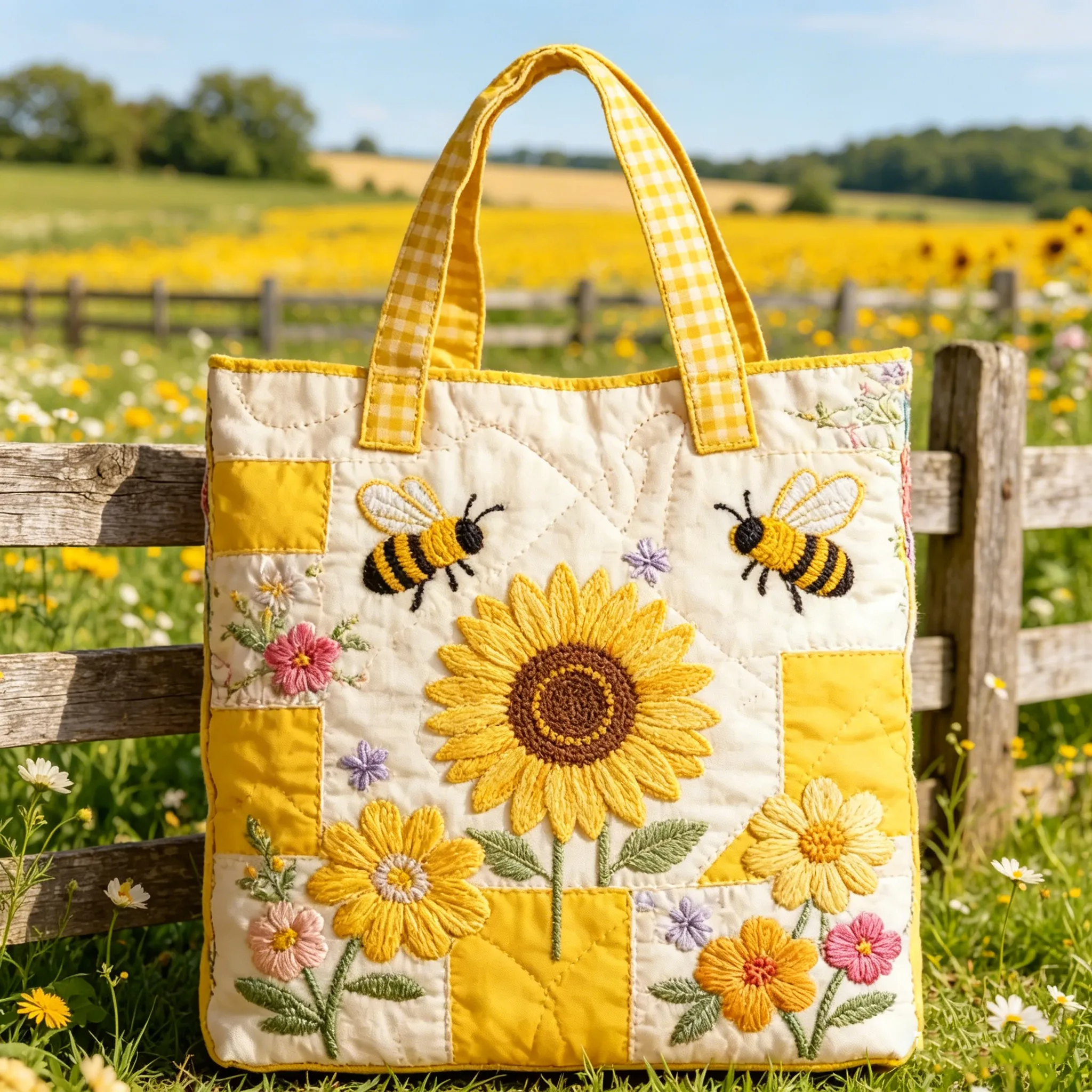 Sunflower Bee Quilted Tote Bag