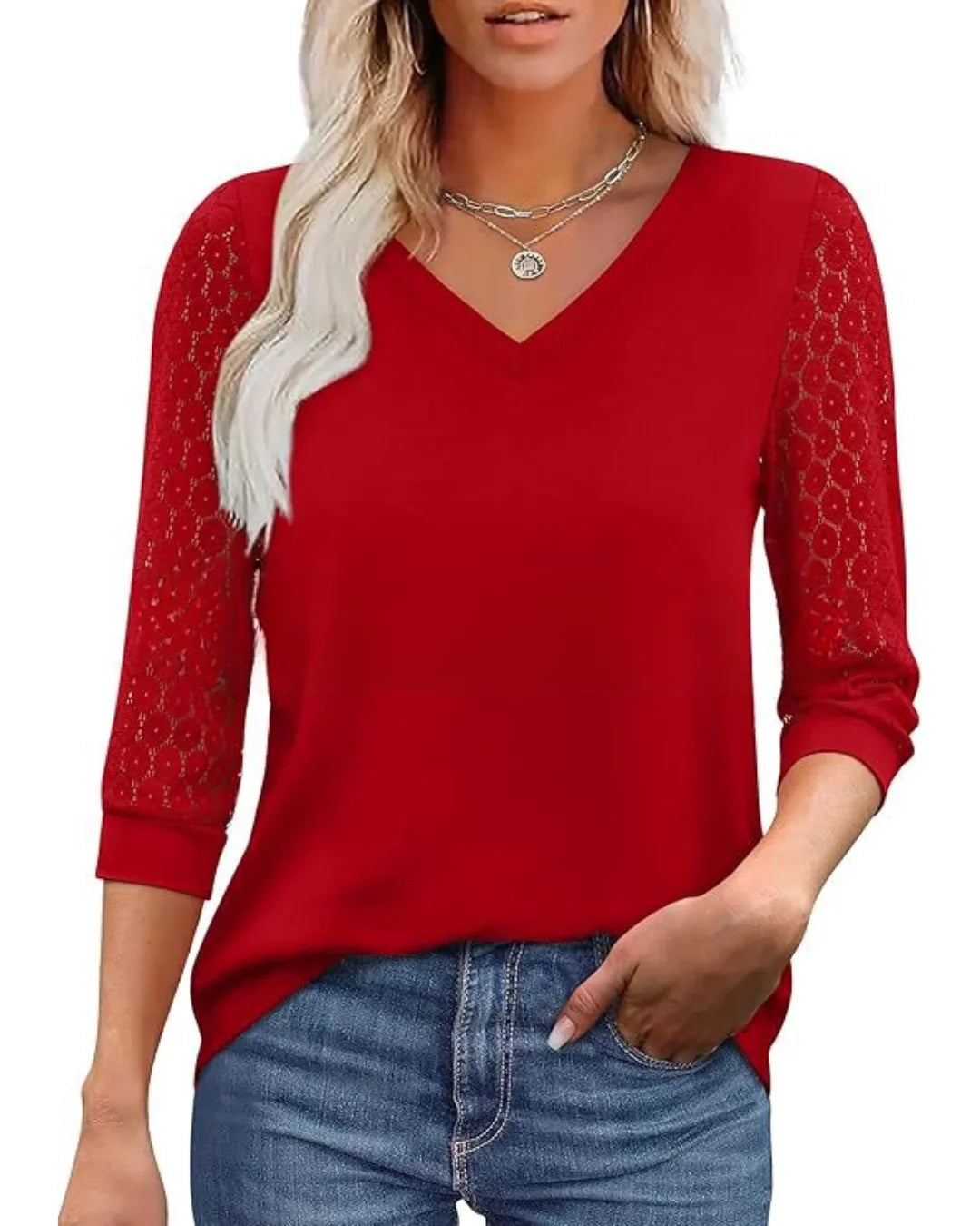 Lace-Sleeve Casual V-Neck Blouse