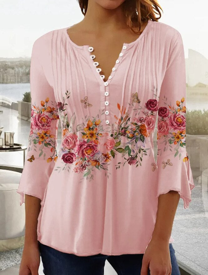 Floral Pintuck Bell Sleeve Blouse