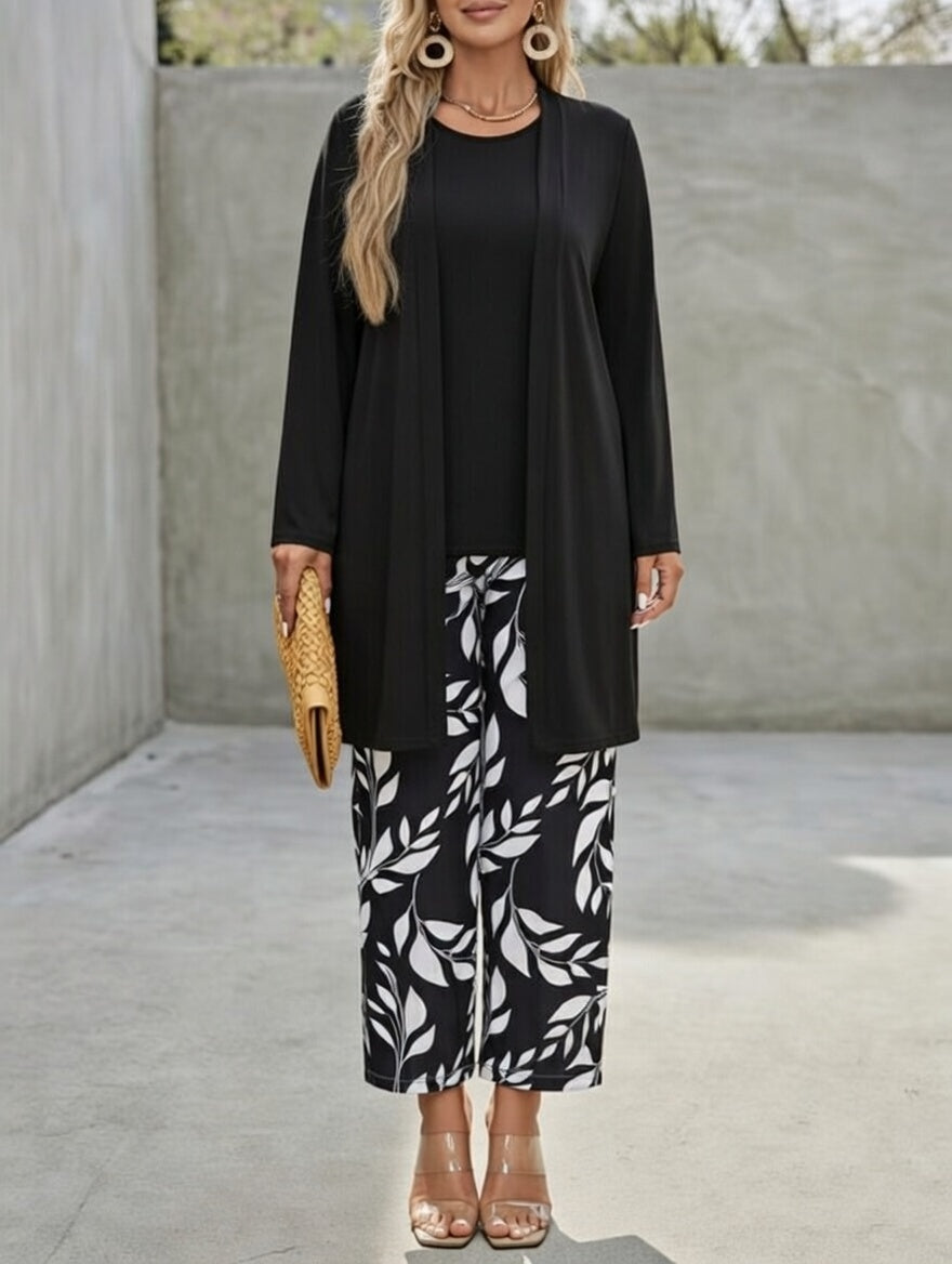 Leaf Print Three-Piece Cardigan Set
