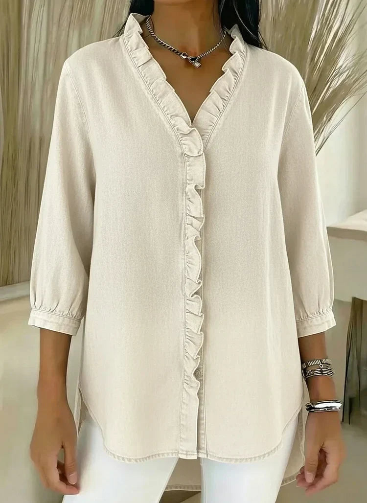 Chic Feminine Ruffle-Trim Denim Blouse