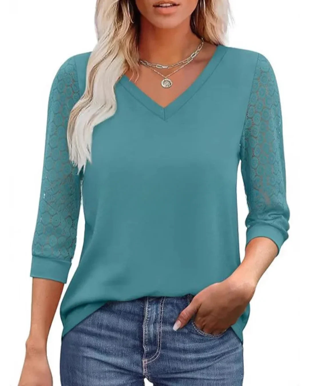 Lace-Sleeve Casual V-Neck Blouse