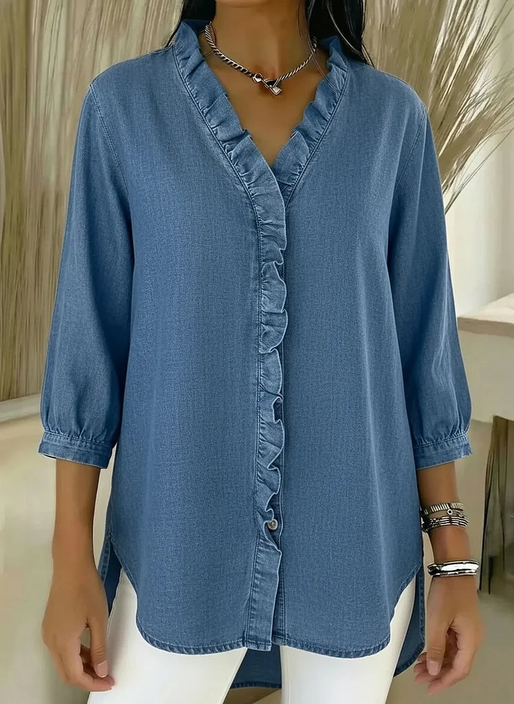 Chic Feminine Ruffle-Trim Denim Blouse
