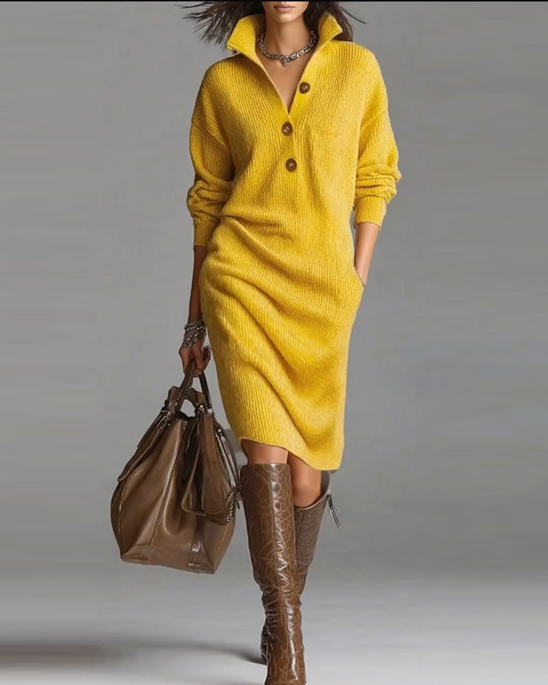Rosettaβ’ | Ribbed Knit Button-Front Polo Sweater Dress