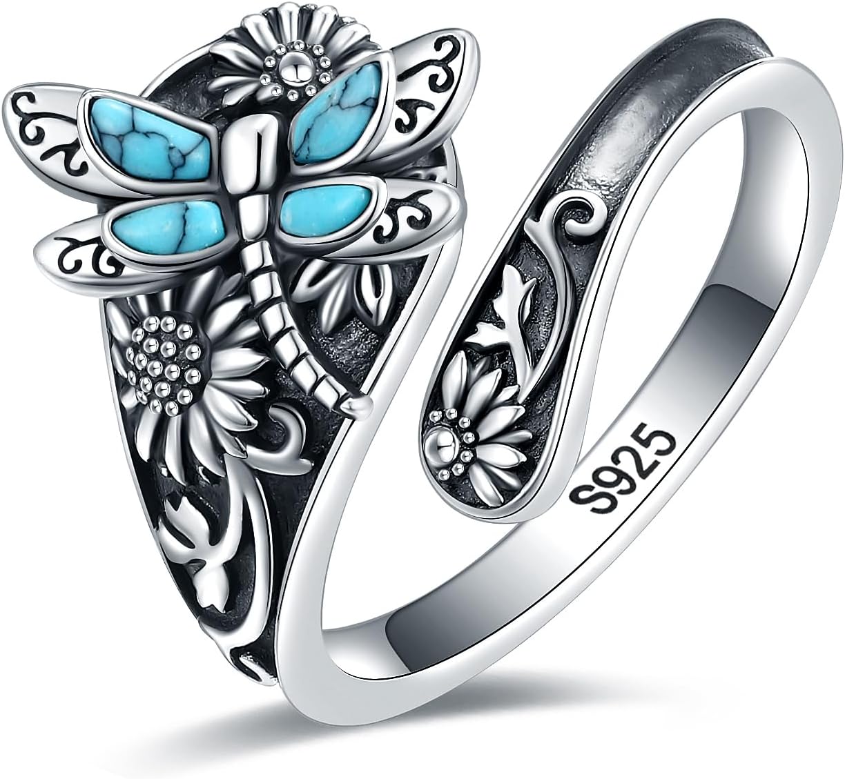 Turquoise Spoon Ring – Vintage Boho Wrap Ring with Dragonfly