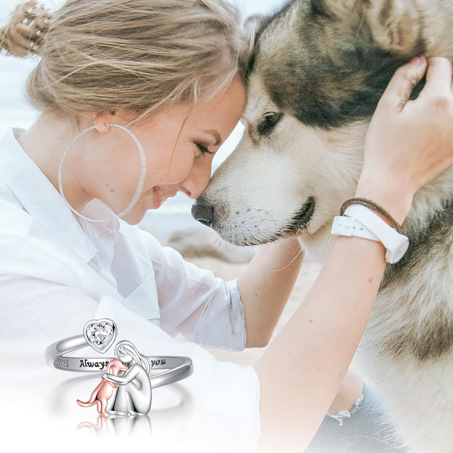 Adjustable Dog Ring “Always in My Heart” with Zirconia