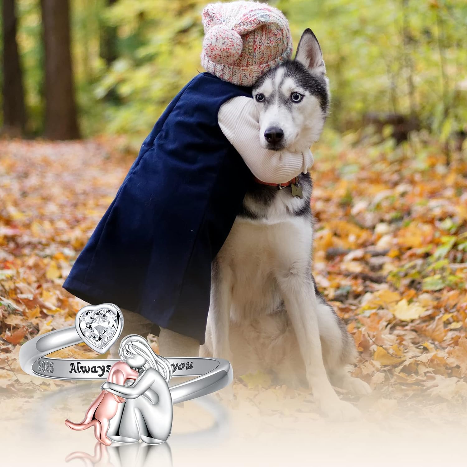 Adjustable Dog Ring “Always in My Heart” with Zirconia
