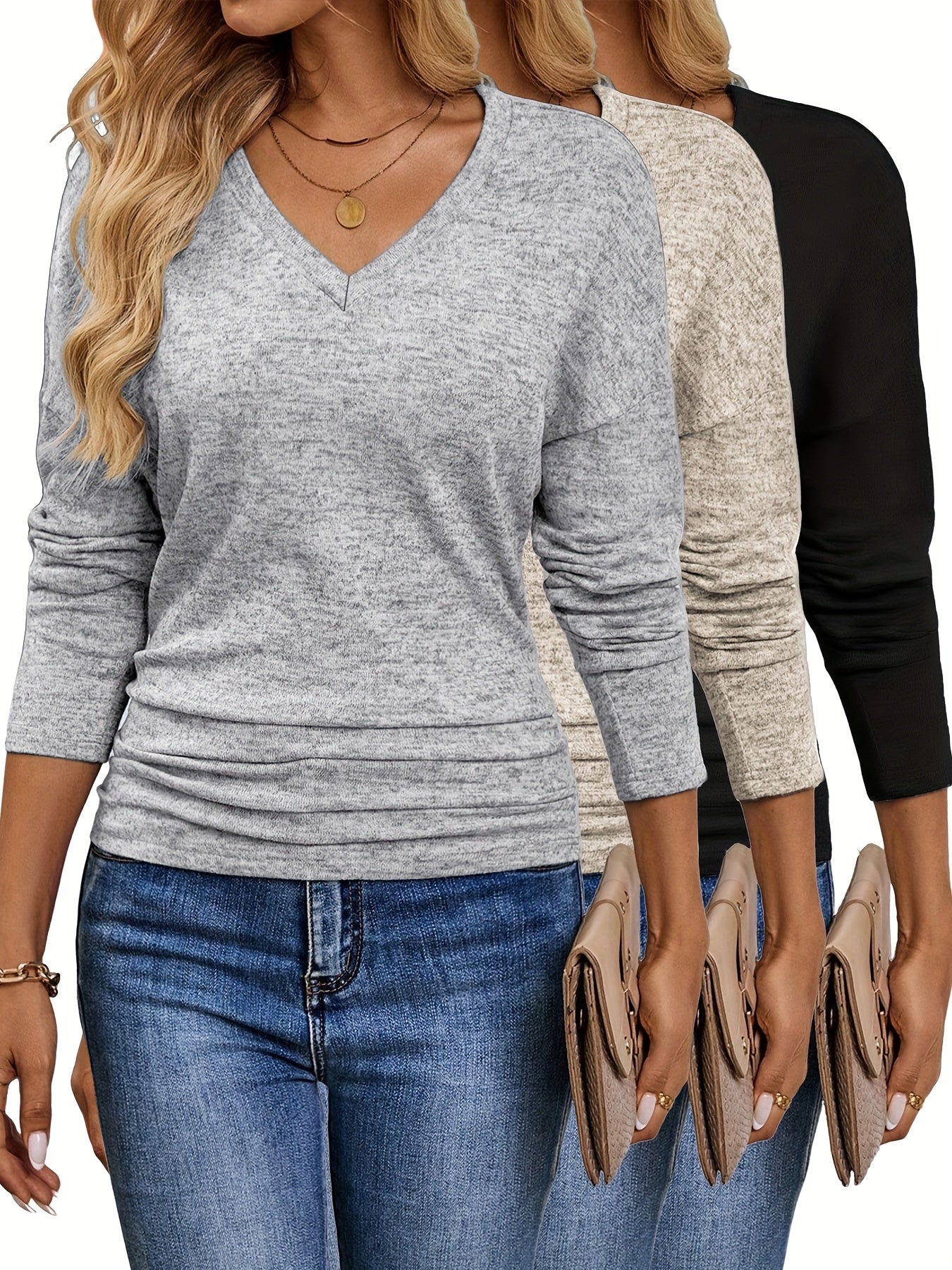 Maura™ | Soft and Stretchy V-Neck T-Shirt | 3-Pack Colors