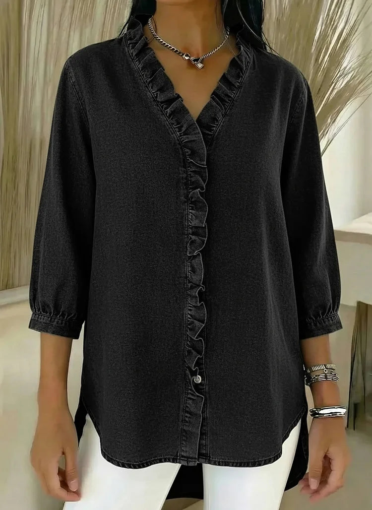 Chic Feminine Ruffle-Trim Denim Blouse