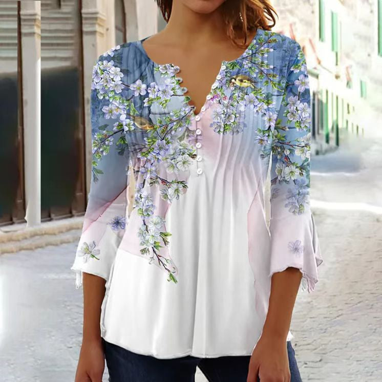 Floral Pintuck Bell Sleeve Blouse