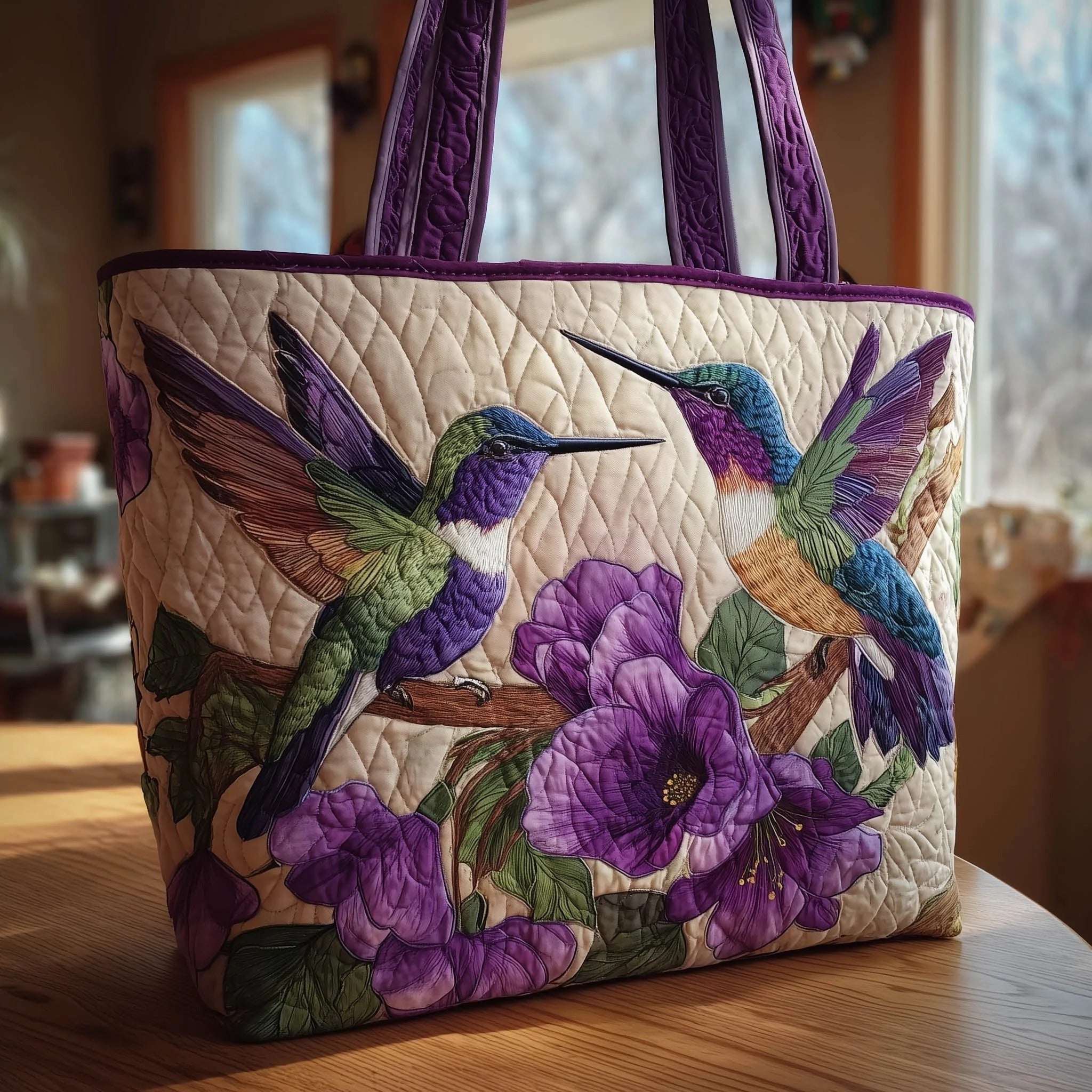 Hummingbirds Floral Quilted Tote Bag