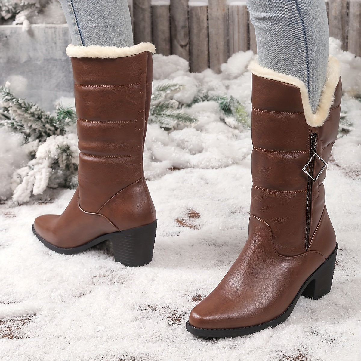 Beryl™ | Faux-fur cuff side-zip heeled knee-high boots