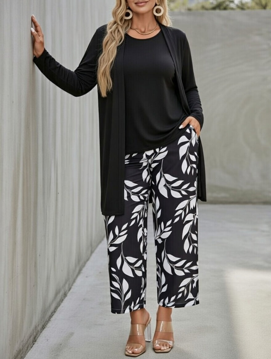Leaf Print Three-Piece Cardigan Set