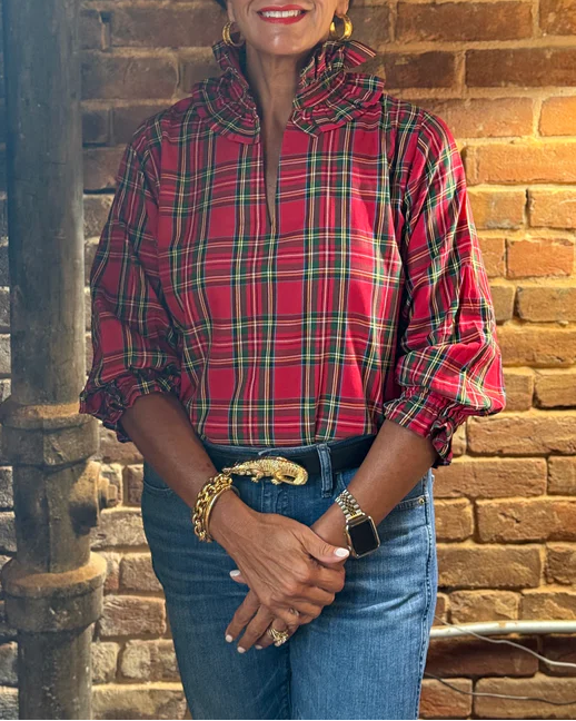 Classic Polished Ruffle-Collar Plaid Blouse