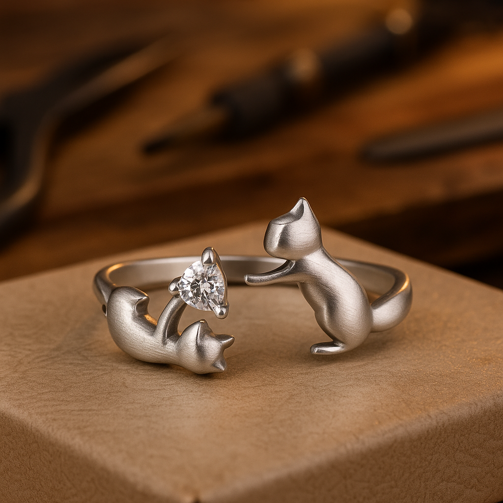 Playful Cat Adjustable Ring with Zirconia
