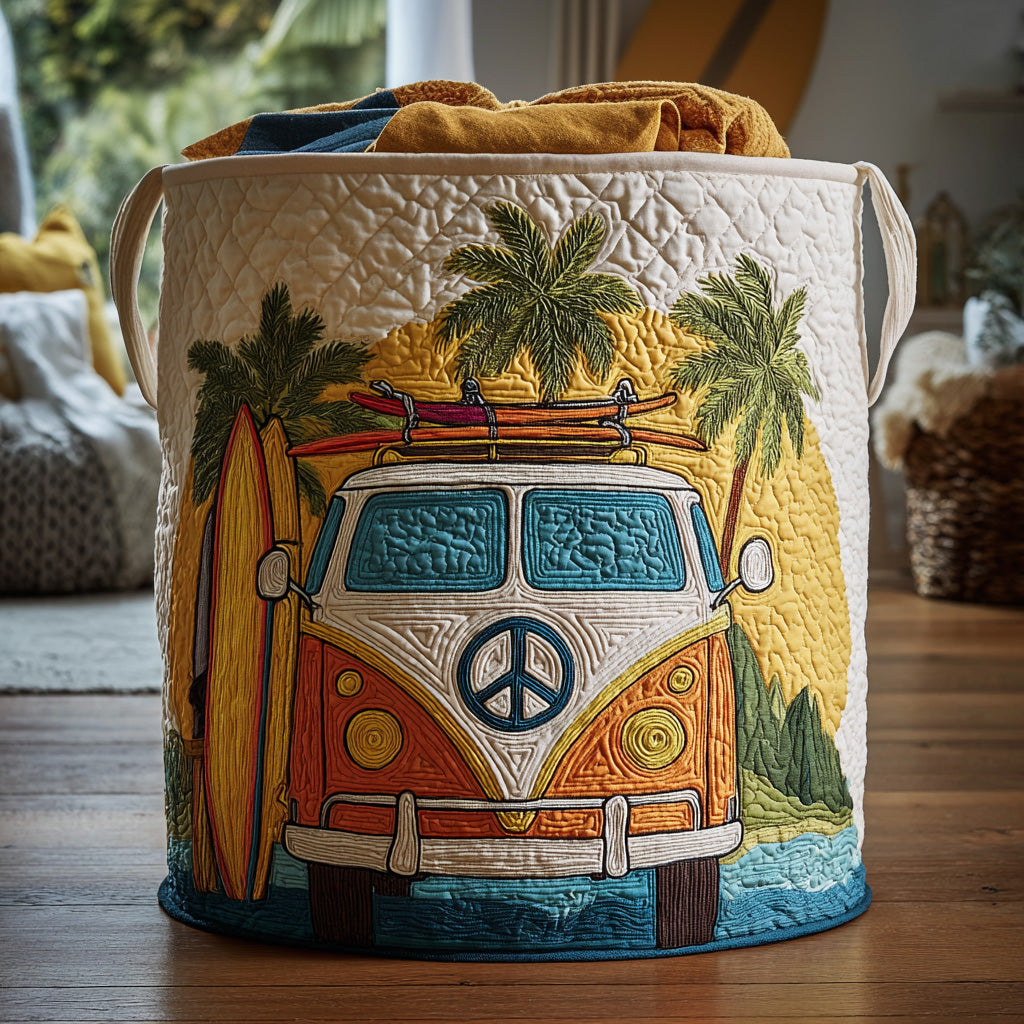 Colorful hippie-style quilted laundry basket