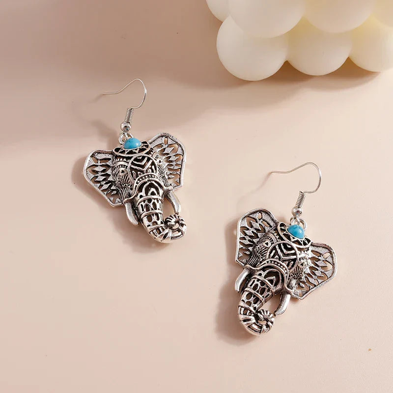 Vintage Elephant Drop Earrings Silver tone Bohemian