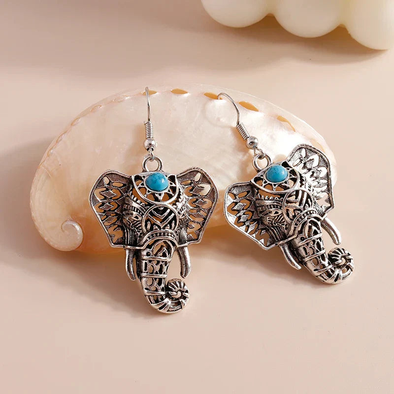 Vintage Elephant Drop Earrings Silver tone Bohemian