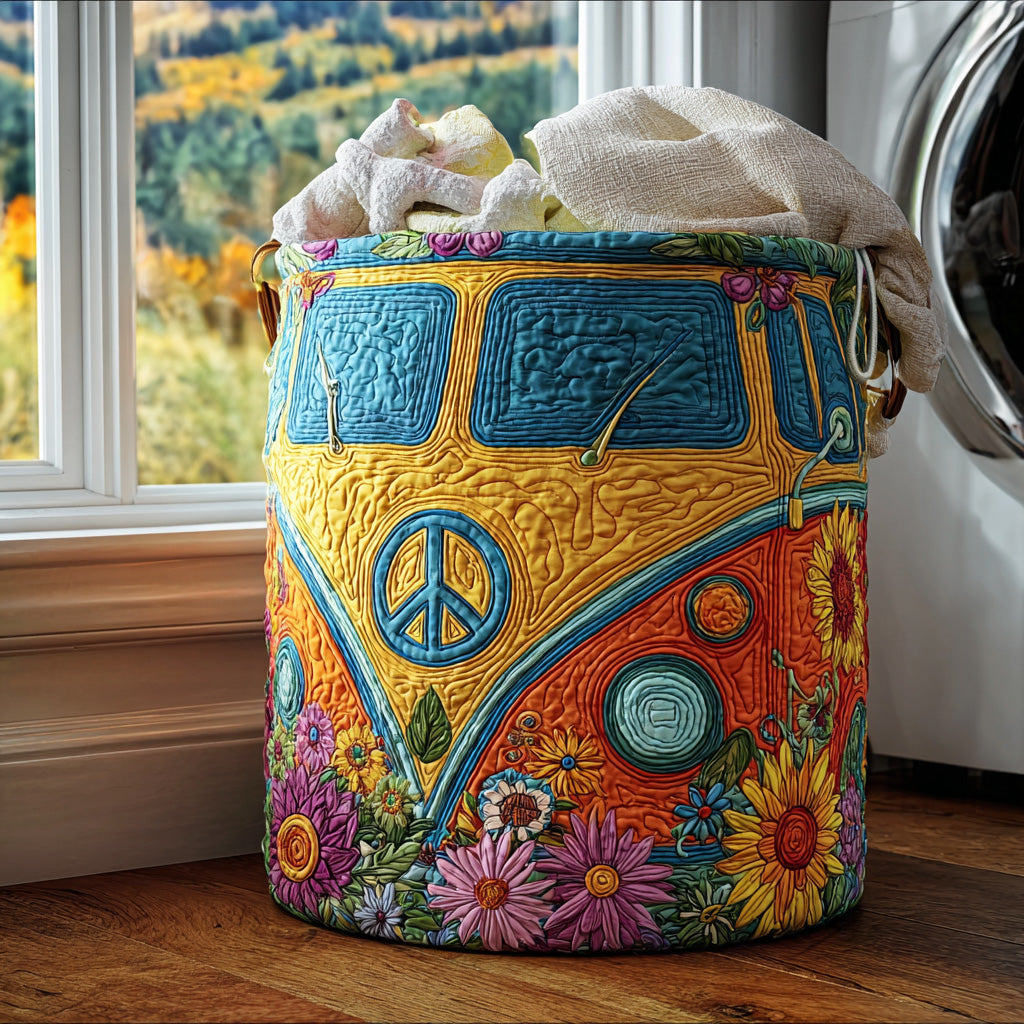 Colorful hippie-style quilted laundry basket