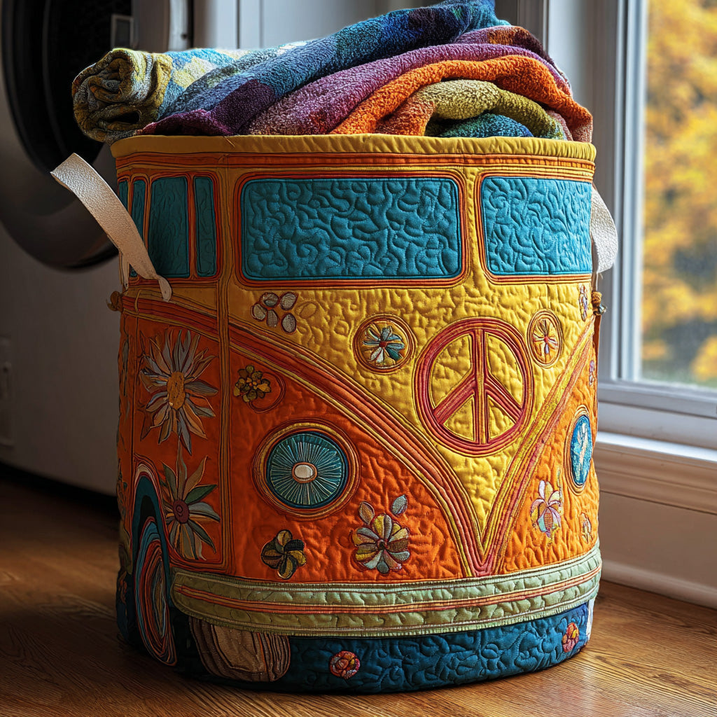 Colorful hippie-style quilted laundry basket