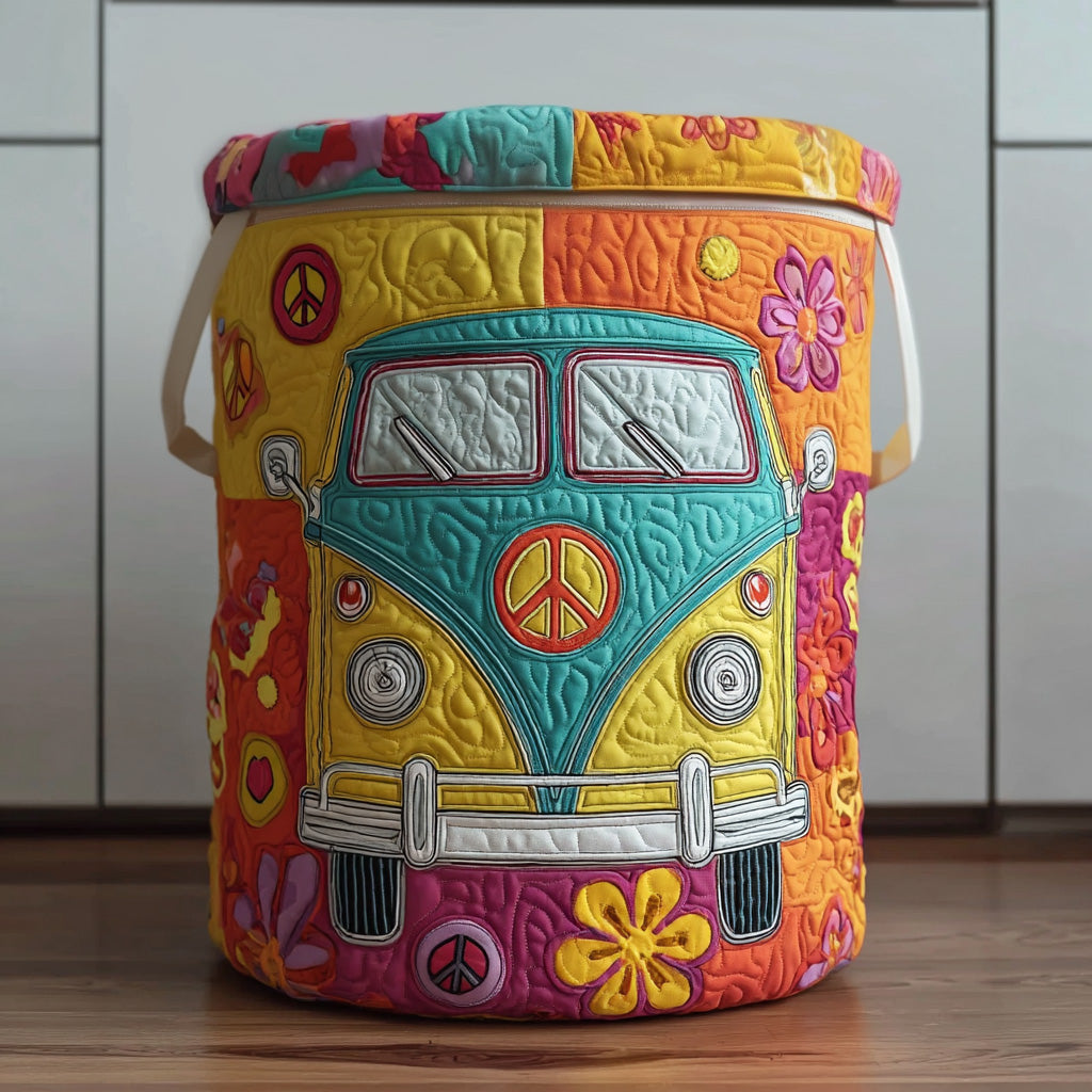 Colorful hippie-style quilted laundry basket