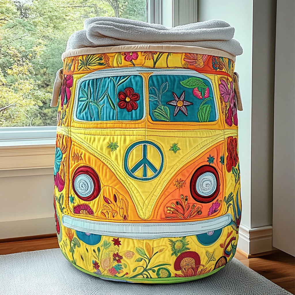 Colorful hippie-style quilted laundry basket