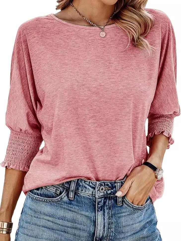 Smocked-Cuff Casual Dolman Sleeve Blouse