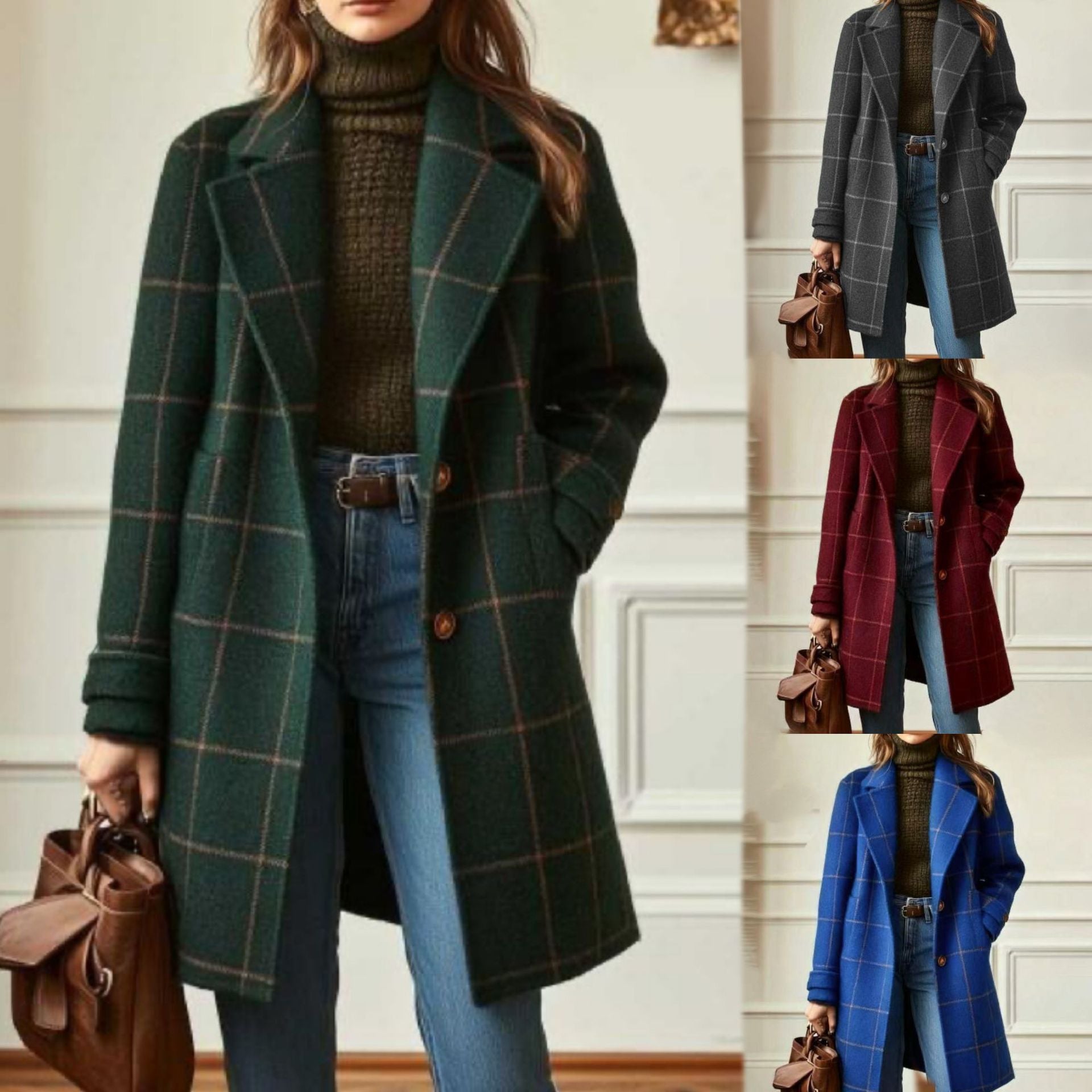 Sophisticated Windowpane Plaid Wool Coat