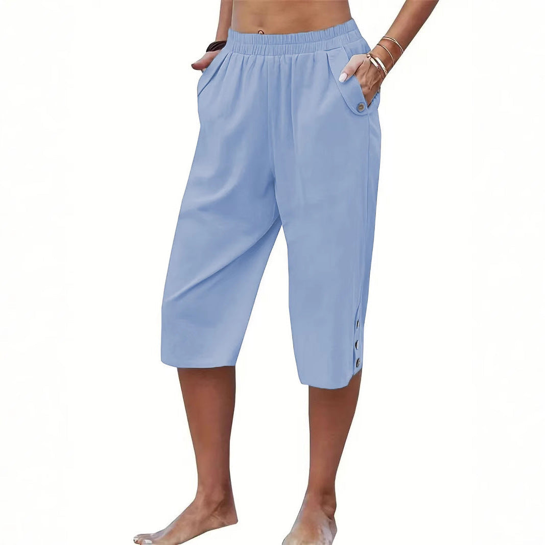 Comfortable Button Detail Cropped Pants