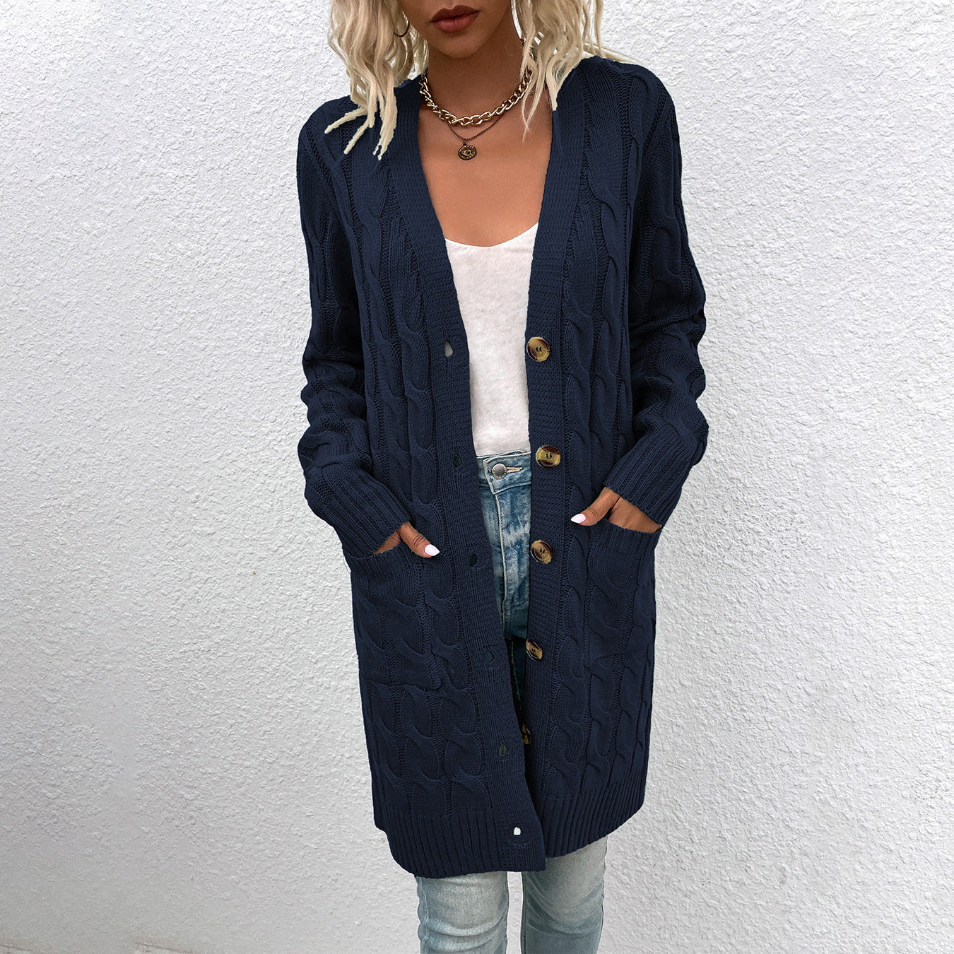 Kiana™ | Cable-Knit Buttoned Mid-Length Cardigan