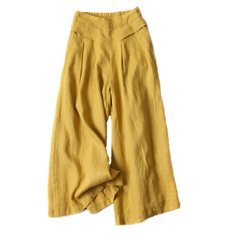 Casual High-Waist Pleated Linen Wide-Leg Pants