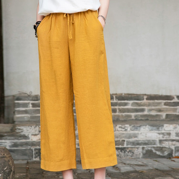 Casual Solid Linen Drawstring Wide-Leg Pants