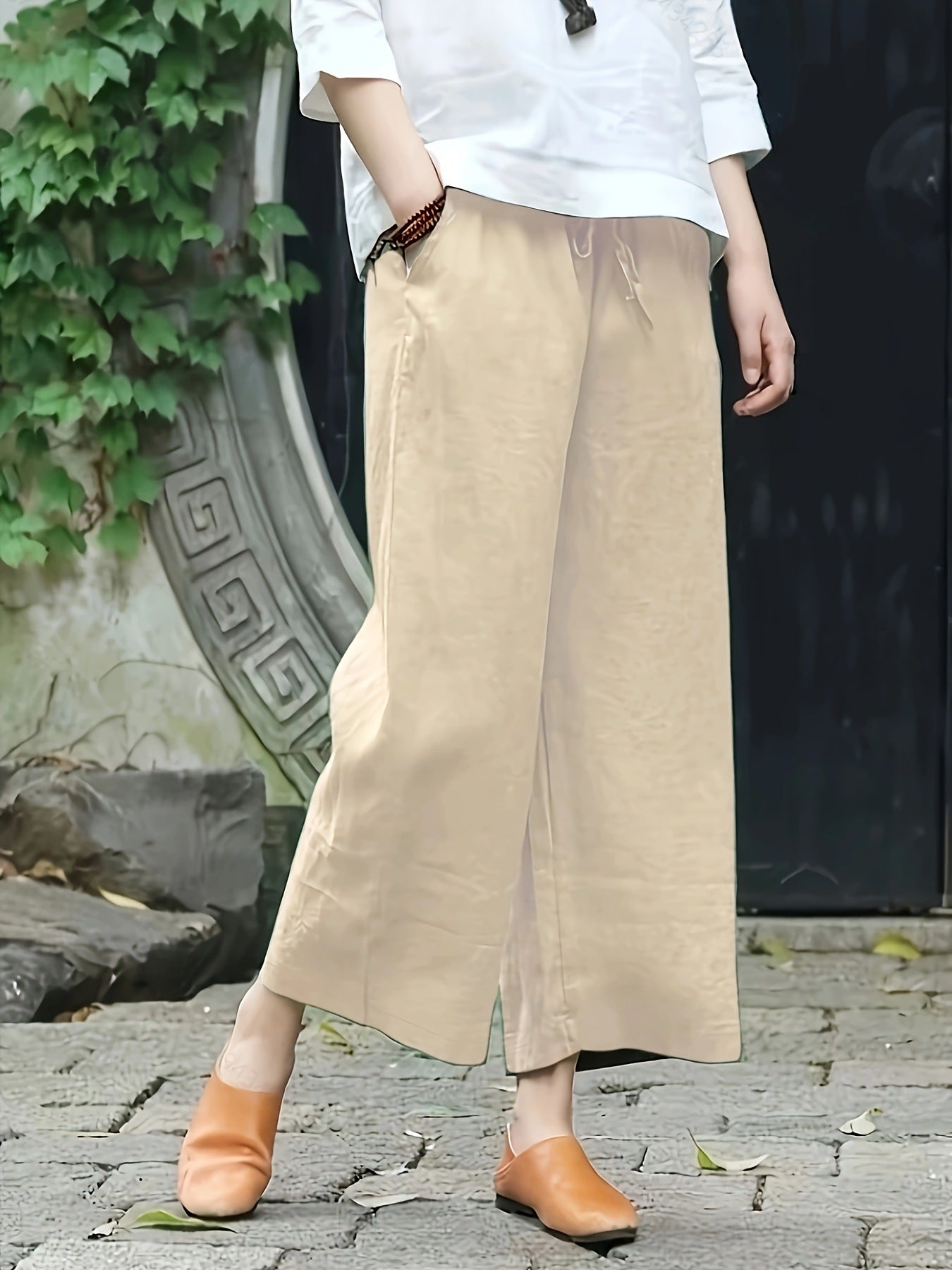 Casual Solid Wide-Leg Pants