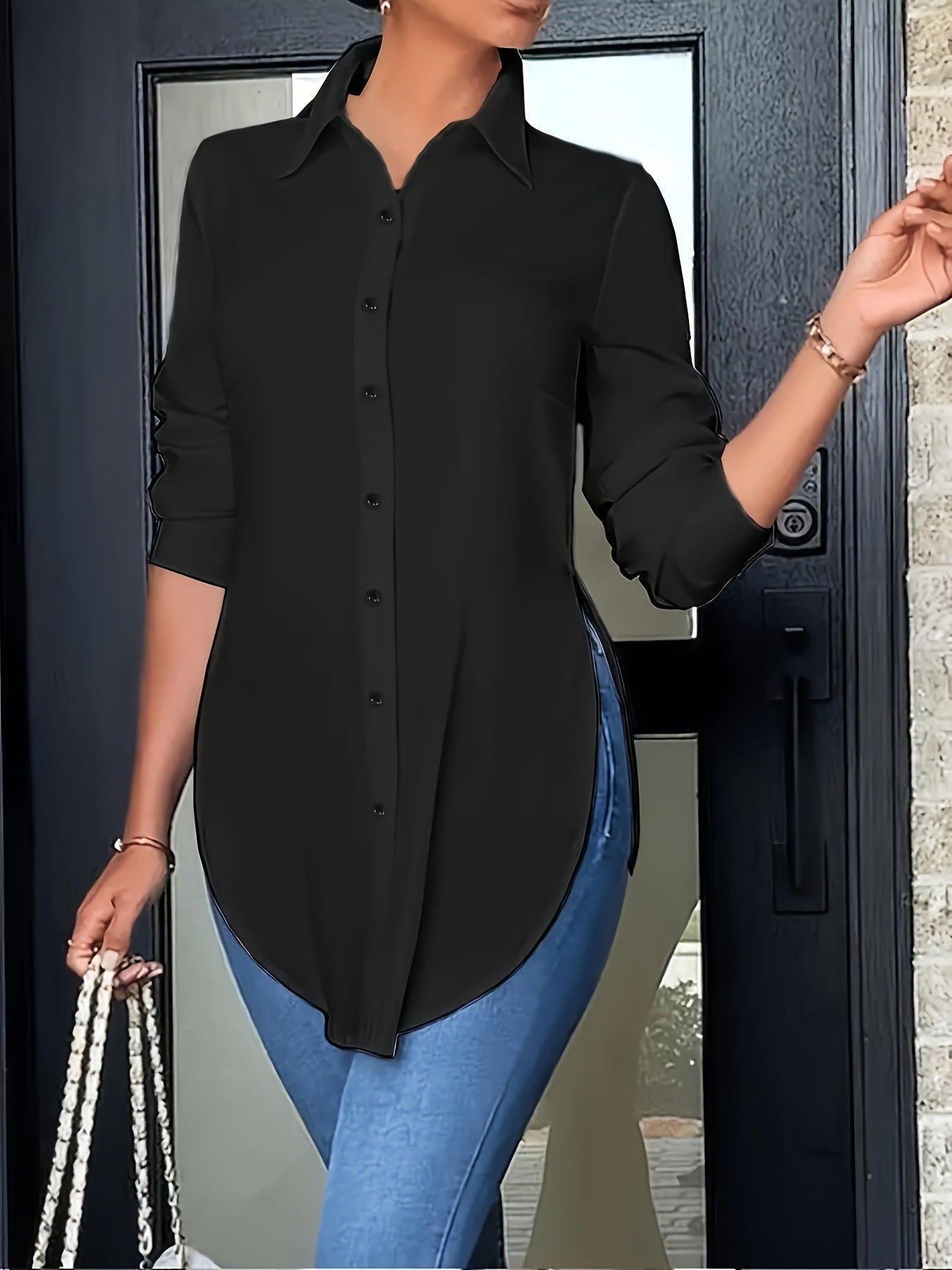 Side-Slit Longline Button-Down blouse
