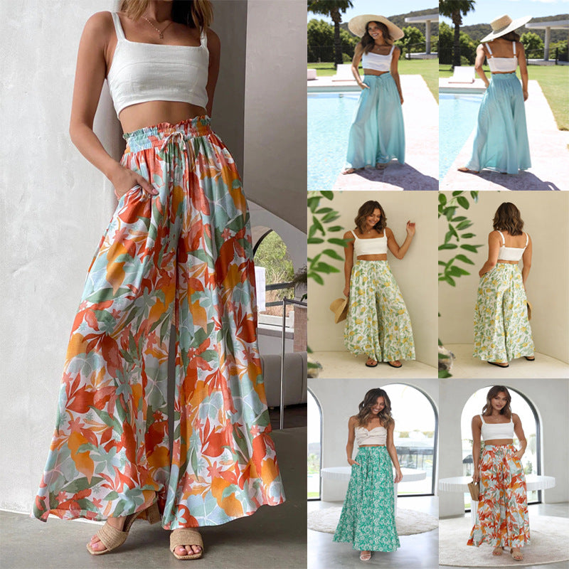 Boho Floral Print High-Waist Wide-Leg Pants