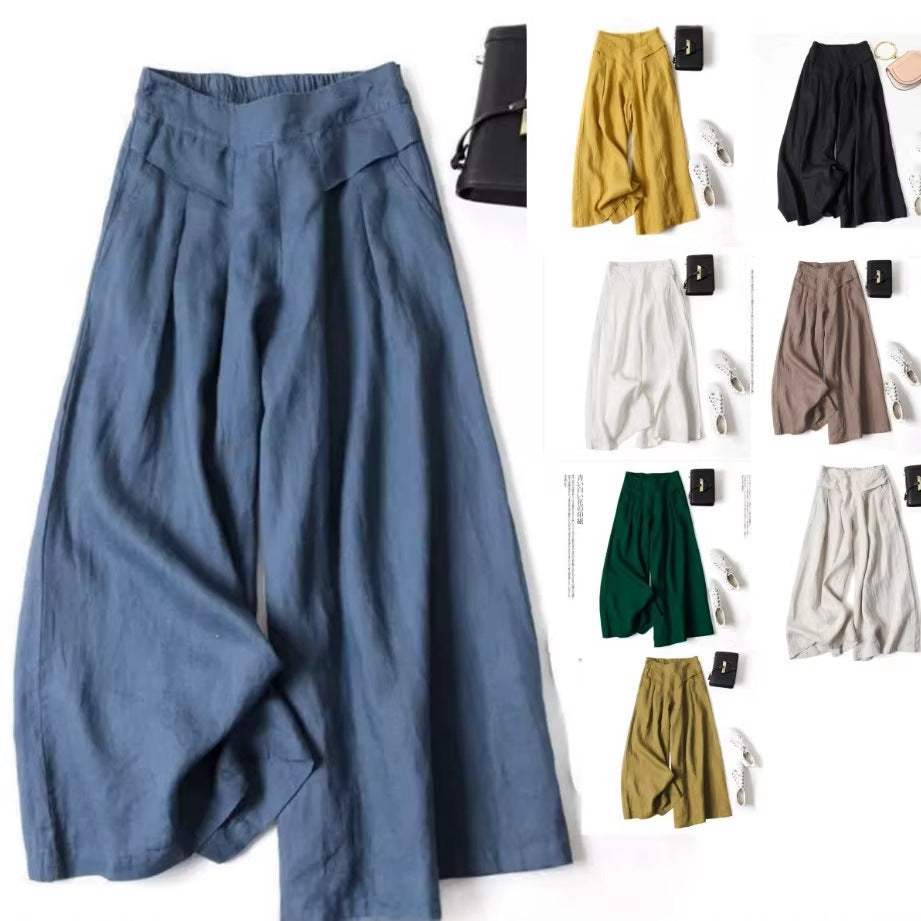 Casual High-Waist Pleated Linen Wide-Leg Pants