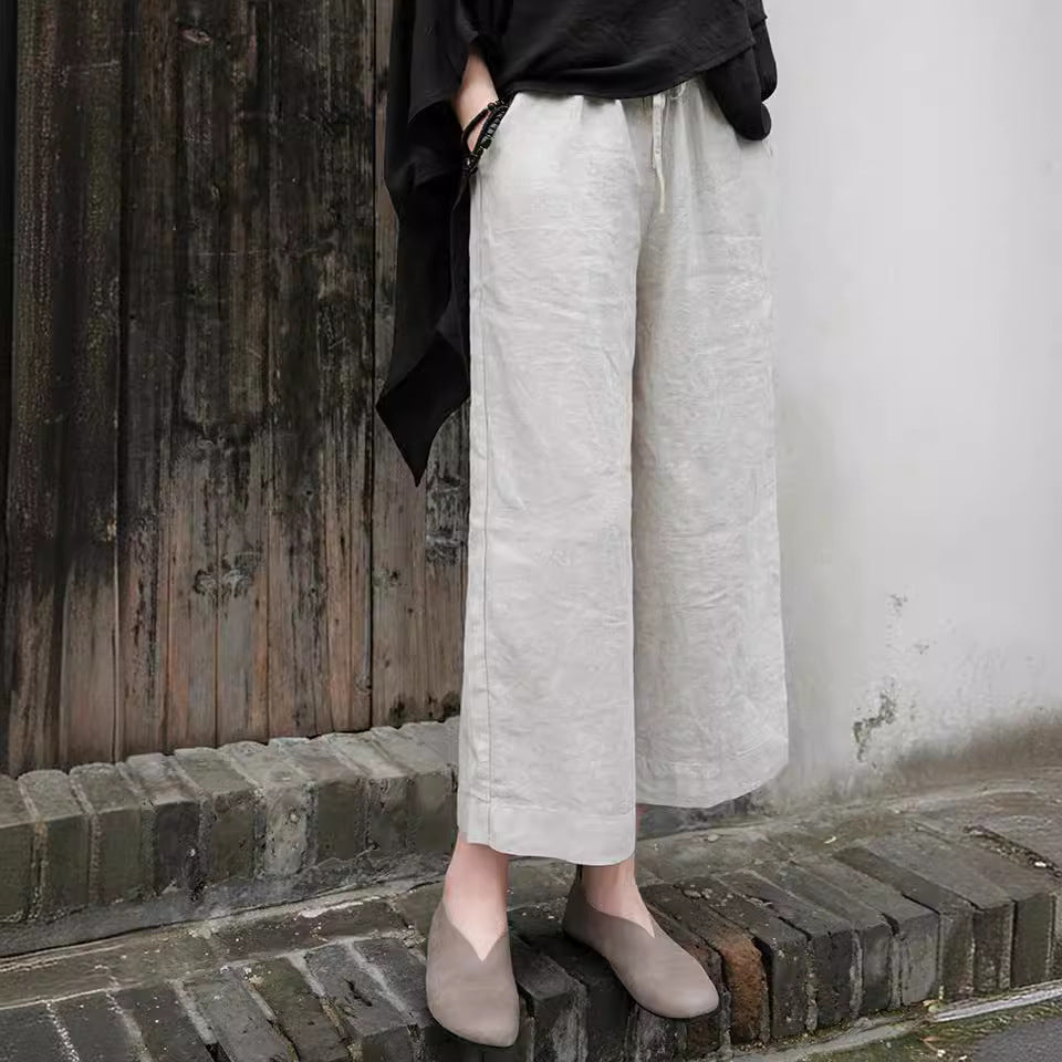 Casual Solid Linen Drawstring Wide-Leg Pants