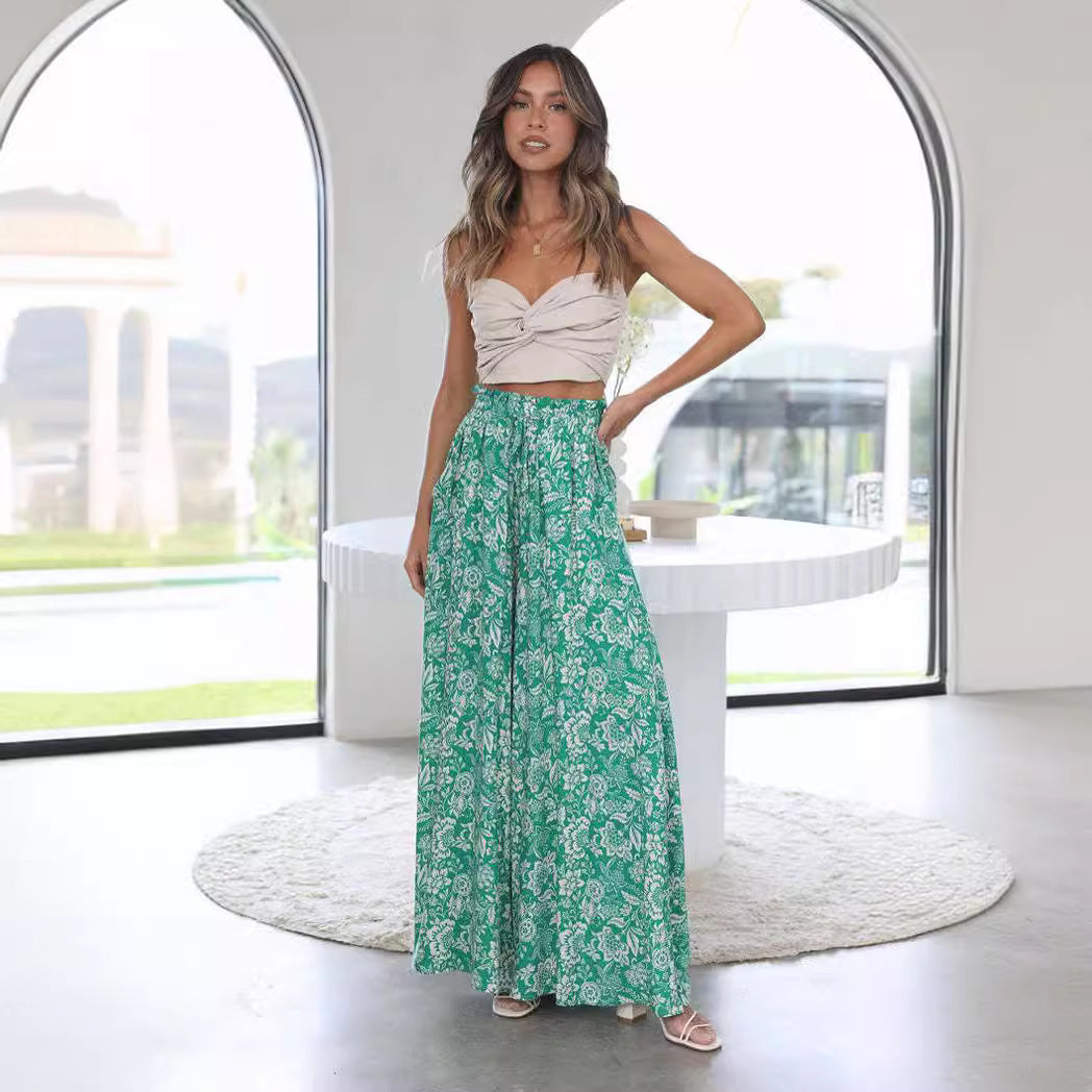 Boho Floral Print High-Waist Wide-Leg Pants