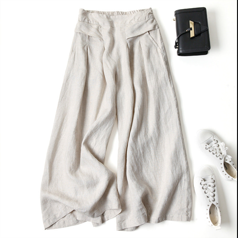 Casual High-Waist Pleated Linen Wide-Leg Pants